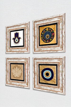 Fatma Ana Eli (Hamsa), Lotus Çiçeği, Nazar Taş Duvar Tablosu Çerçeveli Duvar Dekoru 4 Parça Tablo Seti Wall Art