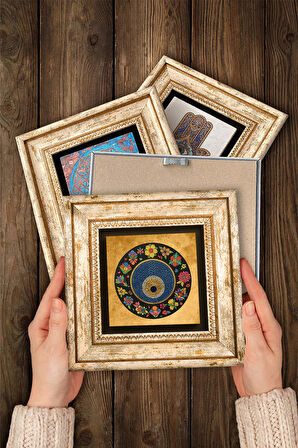 Fatma Ana Eli (Hamsa), Lotus Çiçeği, Nazar Taş Duvar Tablosu Çerçeveli Duvar Dekoru 4 Parça Tablo Seti Wall Art