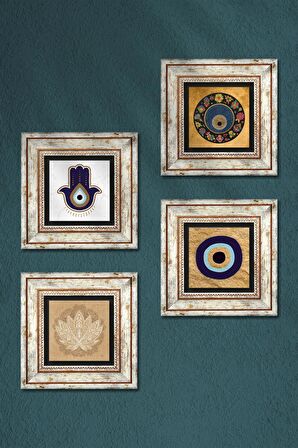 Fatma Ana Eli (Hamsa), Lotus Çiçeği, Nazar Taş Duvar Tablosu Çerçeveli Duvar Dekoru 4 Parça Tablo Seti Wall Art