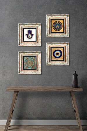 Fatma Ana Eli (Hamsa), Yaşam Çiçeği, Nazar Taş Duvar Tablosu Çerçeveli Duvar Dekoru 4 Parça Tablo Seti Wall Art