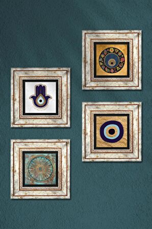 Fatma Ana Eli (Hamsa), Yaşam Çiçeği, Nazar Taş Duvar Tablosu Çerçeveli Duvar Dekoru 4 Parça Tablo Seti Wall Art