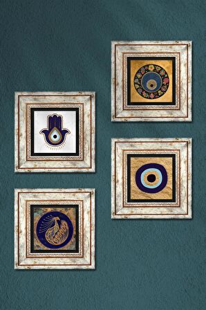 Fatma Ana Eli (Hamsa), Tavus Kuşu, Nazar Taş Duvar Tablosu Çerçeveli Duvar Dekoru 4 Parça Tablo Seti Wall Art