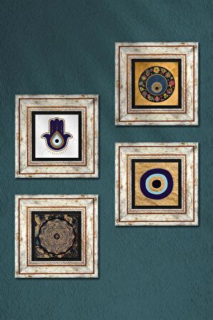 Fatma Ana Eli (Hamsa), Sri Yantra, Nazar Taş Duvar Tablosu Çerçeveli Duvar Dekoru 4 Parça Tablo Seti Wall Art