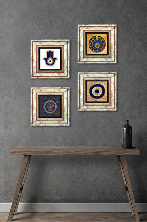 Fatma Ana Eli (Hamsa), Nazar Taş Duvar Tablosu Çerçeveli Duvar Dekoru 4 Parça Tablo Seti Wall Art