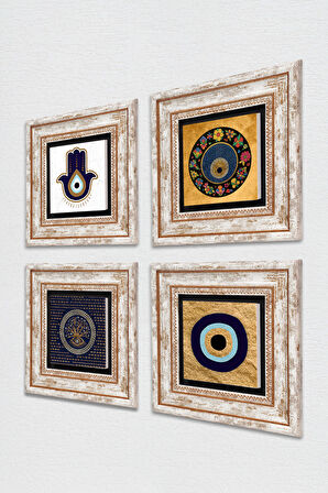 Fatma Ana Eli (Hamsa), Nazar Taş Duvar Tablosu Çerçeveli Duvar Dekoru 4 Parça Tablo Seti Wall Art