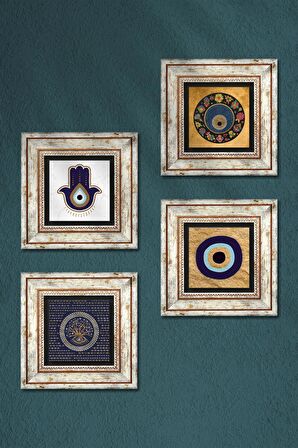 Fatma Ana Eli (Hamsa), Nazar Taş Duvar Tablosu Çerçeveli Duvar Dekoru 4 Parça Tablo Seti Wall Art