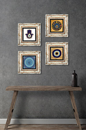 Fatma Ana Eli (Hamsa), Nazar Taş Duvar Tablosu Çerçeveli Duvar Dekoru 4 Parça Tablo Seti Wall Art