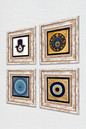 Fatma Ana Eli (Hamsa), Nazar Taş Duvar Tablosu Çerçeveli Duvar Dekoru 4 Parça Tablo Seti Wall Art