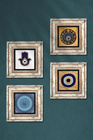 Fatma Ana Eli (Hamsa), Nazar Taş Duvar Tablosu Çerçeveli Duvar Dekoru 4 Parça Tablo Seti Wall Art