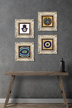Fatma Ana Eli (Hamsa), Nazar Taş Duvar Tablosu Çerçeveli Duvar Dekoru 4 Parça Tablo Seti Wall Art