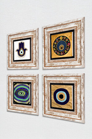 Fatma Ana Eli (Hamsa), Nazar Taş Duvar Tablosu Çerçeveli Duvar Dekoru 4 Parça Tablo Seti Wall Art