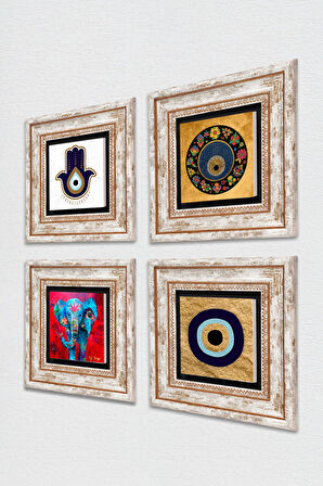 Fatma Ana Eli (Hamsa), Fil, Nazar Taş Duvar Tablosu Çerçeveli Duvar Dekoru 4 Parça Tablo Seti Wall Art