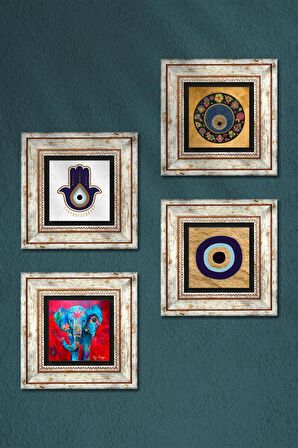 Fatma Ana Eli (Hamsa), Fil, Nazar Taş Duvar Tablosu Çerçeveli Duvar Dekoru 4 Parça Tablo Seti Wall Art