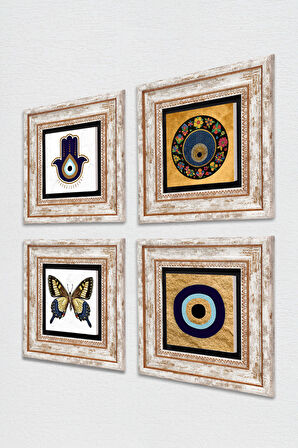 Fatma Ana Eli (Hamsa), Kelebek, Nazar Taş Duvar Tablosu Çerçeveli Duvar Dekoru 4 Parça Tablo Seti Wall Art