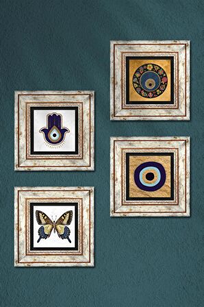 Fatma Ana Eli (Hamsa), Kelebek, Nazar Taş Duvar Tablosu Çerçeveli Duvar Dekoru 4 Parça Tablo Seti Wall Art