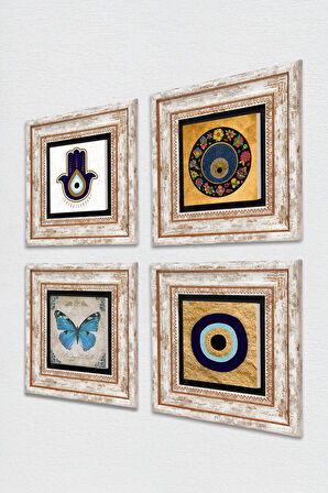 Fatma Ana Eli (Hamsa), Kelebek, Nazar Taş Duvar Tablosu Çerçeveli Duvar Dekoru 4 Parça Tablo Seti Wall Art