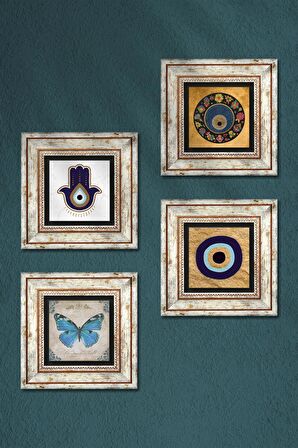 Fatma Ana Eli (Hamsa), Kelebek, Nazar Taş Duvar Tablosu Çerçeveli Duvar Dekoru 4 Parça Tablo Seti Wall Art