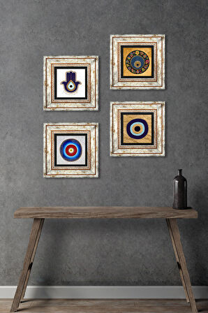 Fatma Ana Eli (Hamsa), Nazar Taş Duvar Tablosu Çerçeveli Duvar Dekoru 4 Parça Tablo Seti Wall Art