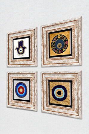 Fatma Ana Eli (Hamsa), Nazar Taş Duvar Tablosu Çerçeveli Duvar Dekoru 4 Parça Tablo Seti Wall Art