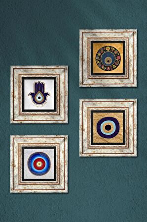 Fatma Ana Eli (Hamsa), Nazar Taş Duvar Tablosu Çerçeveli Duvar Dekoru 4 Parça Tablo Seti Wall Art