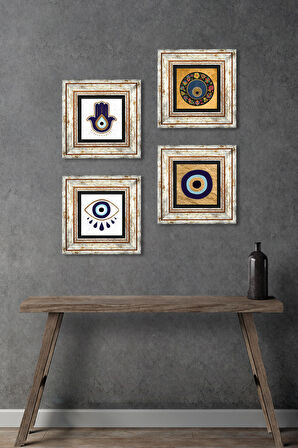 Fatma Ana Eli (Hamsa), Nazar Taş Duvar Tablosu Çerçeveli Duvar Dekoru 4 Parça Tablo Seti Wall Art