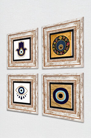 Fatma Ana Eli (Hamsa), Nazar Taş Duvar Tablosu Çerçeveli Duvar Dekoru 4 Parça Tablo Seti Wall Art