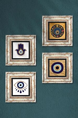 Fatma Ana Eli (Hamsa), Nazar Taş Duvar Tablosu Çerçeveli Duvar Dekoru 4 Parça Tablo Seti Wall Art