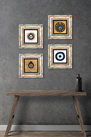 Nazar Taş Duvar Tablosu Çerçeveli Duvar Dekoru 4 Parça Tablo Seti Wall Art
