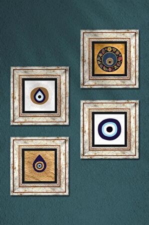 Nazar Taş Duvar Tablosu Çerçeveli Duvar Dekoru 4 Parça Tablo Seti Wall Art
