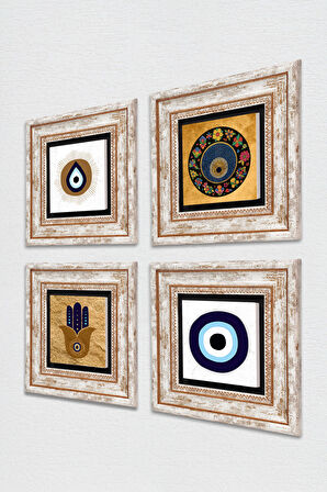 Fatma Ana Eli (Hamsa), Nazar Taş Duvar Tablosu Çerçeveli Duvar Dekoru 4 Parça Tablo Seti Wall Art