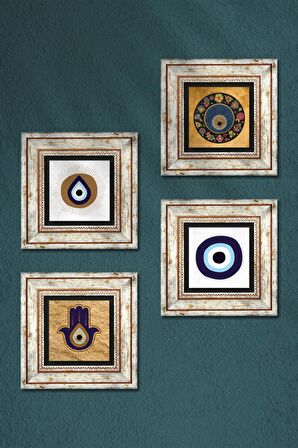 Fatma Ana Eli (Hamsa), Nazar Taş Duvar Tablosu Çerçeveli Duvar Dekoru 4 Parça Tablo Seti Wall Art