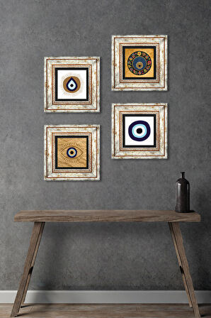 Nazar Taş Duvar Tablosu Çerçeveli Duvar Dekoru 4 Parça Tablo Seti Wall Art