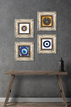 Nazar Taş Duvar Tablosu Çerçeveli Duvar Dekoru 4 Parça Tablo Seti Wall Art