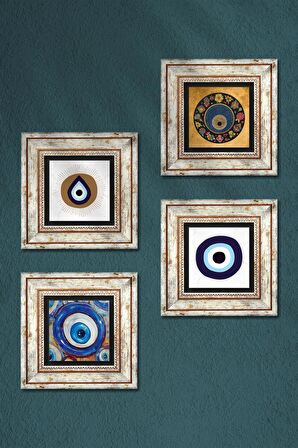 Nazar Taş Duvar Tablosu Çerçeveli Duvar Dekoru 4 Parça Tablo Seti Wall Art
