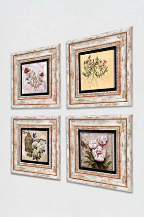 Gül, Vintage Çiçek, Kelebekli Çiçek Taş Duvar Tablosu Çerçeveli Duvar Dekoru 4 Parça Tablo Seti Wall Art