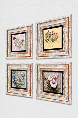 Gül, Vintage Çiçek, Kelebekli Çiçek Taş Duvar Tablosu Çerçeveli Duvar Dekoru 4 Parça Tablo Seti Wall Art