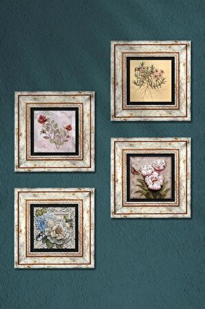 Gül, Vintage Çiçek, Kelebekli Çiçek Taş Duvar Tablosu Çerçeveli Duvar Dekoru 4 Parça Tablo Seti Wall Art