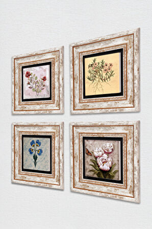 Gül, Vintage Çiçek, Ebru Sanatı, Kelebekli Çiçek Taş Duvar Tablosu Çerçeveli Duvar Dekoru 4 Parça Tablo Seti Wall Art