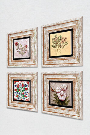 Gül, Vintage Çiçek, Lale, Kelebekli Çiçek Taş Duvar Tablosu Çerçeveli Duvar Dekoru 4 Parça Tablo Seti Wall Art