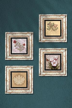 Gül, Vintage Çiçek, Lotus Çiçeği, Kelebekli Çiçek Taş Duvar Tablosu Çerçeveli Duvar Dekoru 4 Parça Tablo Seti Wall Art