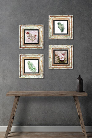 Gül, Yaprak, Kelebekli Çiçek Taş Duvar Tablosu Çerçeveli Duvar Dekoru 4 Parça Tablo Seti Wall Art