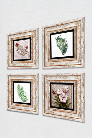 Gül, Yaprak, Kelebekli Çiçek Taş Duvar Tablosu Çerçeveli Duvar Dekoru 4 Parça Tablo Seti Wall Art