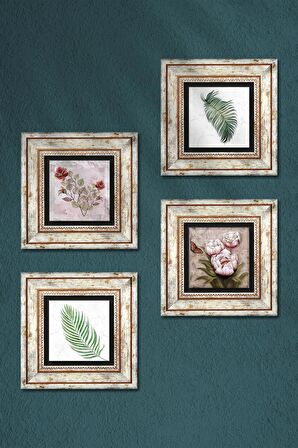Gül, Yaprak, Kelebekli Çiçek Taş Duvar Tablosu Çerçeveli Duvar Dekoru 4 Parça Tablo Seti Wall Art