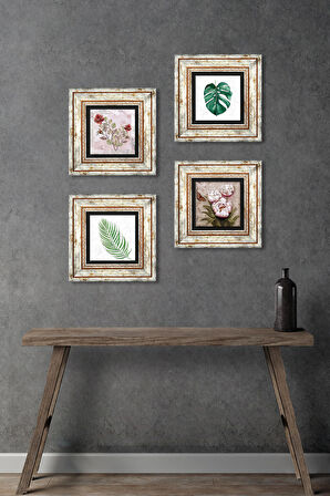 Gül, Yaprak, Kelebekli Çiçek Taş Duvar Tablosu Çerçeveli Duvar Dekoru 4 Parça Tablo Seti Wall Art