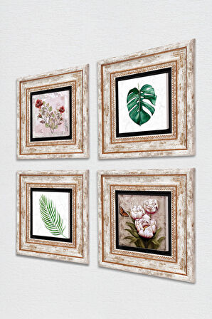 Gül, Yaprak, Kelebekli Çiçek Taş Duvar Tablosu Çerçeveli Duvar Dekoru 4 Parça Tablo Seti Wall Art