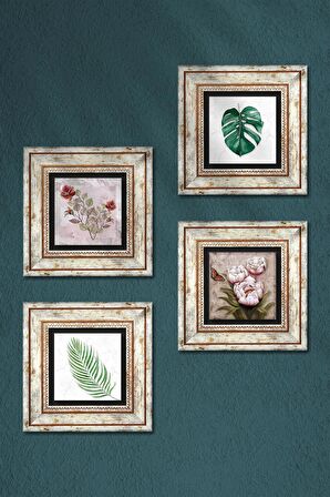 Gül, Yaprak, Kelebekli Çiçek Taş Duvar Tablosu Çerçeveli Duvar Dekoru 4 Parça Tablo Seti Wall Art