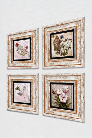 Gül, Kelebekli Çiçek Taş Duvar Tablosu Çerçeveli Duvar Dekoru 4 Parça Tablo Seti Wall Art