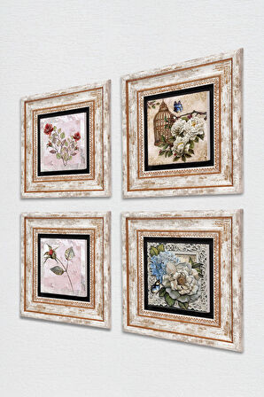 Gül, Kelebekli Çiçek Taş Duvar Tablosu Çerçeveli Duvar Dekoru 4 Parça Tablo Seti Wall Art