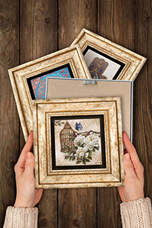 Gül, Kelebekli Çiçek Taş Duvar Tablosu Çerçeveli Duvar Dekoru 4 Parça Tablo Seti Wall Art