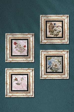 Gül, Kelebekli Çiçek Taş Duvar Tablosu Çerçeveli Duvar Dekoru 4 Parça Tablo Seti Wall Art